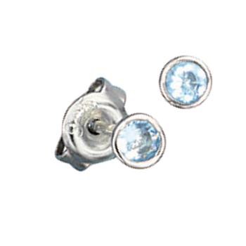 Ohrstecker rund 925 Sterling Silber rhodiniert 2 Zirkonia hellblau blau Ohrringe