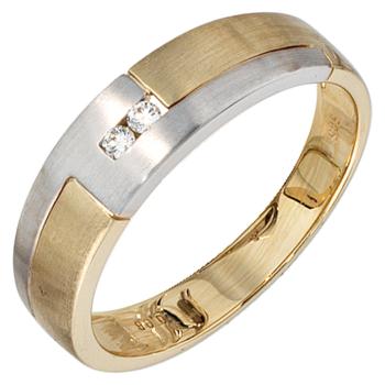 Herren Ring 585 Gold Gelbgold Weißgold mattiert 2 Diamanten Brillanten Goldring