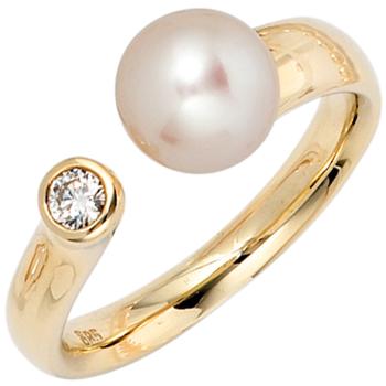 Damen Ring 585 Gold Gelbgold 1 Süßwasser Perle 1 Diamant Brillant Perlenring