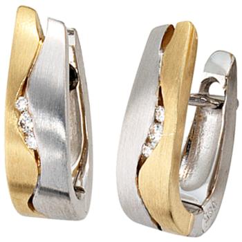 Creolen 585 Gold Weißgold Gelbgold bicolor matt 6 Diamanten Brillanten Ohrringe