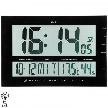 AMS 5895 Wanduhr Tischuhr Funk schwarz digital Datum Thermometer Wecker