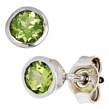 Stud Earrings round 925 Sterling Silver rhodium plated 2 Peridot green Earrings