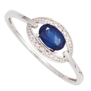 Damen Ring 585 Gold Weißgold 1 Safir blau 2 Diamanten Brillanten Goldring