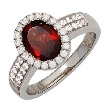 Damen Ring 925 Sterling Silber rhodiniert 1 Granat rot mit Zirkonia Silberring