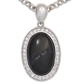 Anhänger oval 925 Sterling Silber mit 1 Onyx Cabochon schwarz und Zirkonia