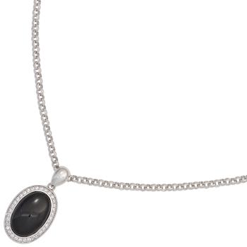 Anhänger oval 925 Sterling Silber mit 1 Onyx Cabochon schwarz und Zirkonia