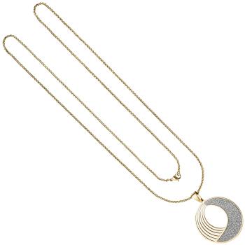 Collier Kette mit Anhänger rund Edelstahl gold farben mit Glitzer-Effekt 80 cm