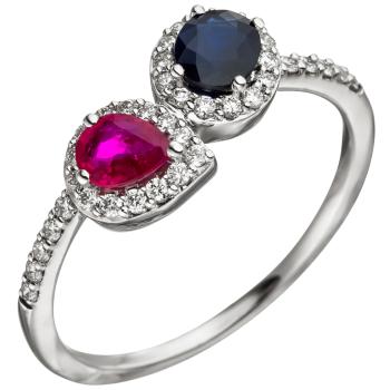 Damen Ring 585 Gold Weißgold 38 Diamanten Brillanten 1 Rubin rot 1 Safir blau