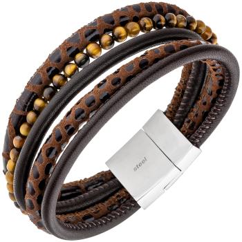 Armband 5-reihig Leder braun mit Tigeraugen-Kugeln und Edelstahl 18,5 cm