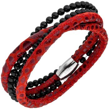 Armband Leder rot mit Onyx Kugeln und Edelstahl 19 cm Lederarmband