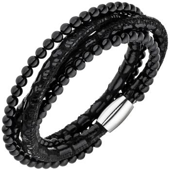 Armband Leder schwarz mit Onyx Kugeln und Edelstahl 19 cm Lederarmband