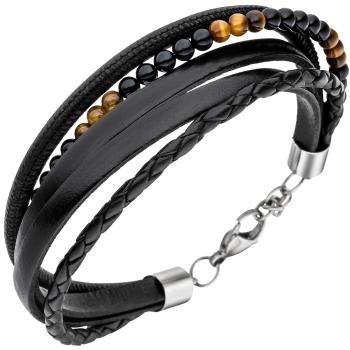 Armband Leder schwarz mit Onyx und Tigeraugen Kugeln 23 cm Lederarmband