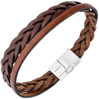 Herren Armband 2-reihig Leder braun geflochten mit Edelstahl 21 cm Herrenarmband