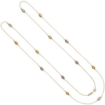 Halskette Kette lang 585 Gold Gelbgold Citrine Blautopase Amethyste 90 cm