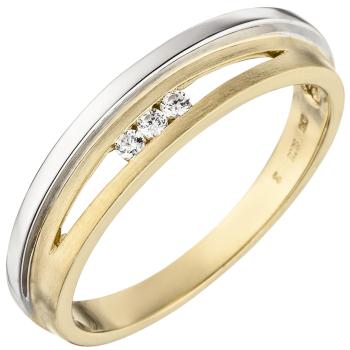 Damen Ring 375 Gold Gelbgold Weißgold bicolor matt 3 Zirkonia Goldring