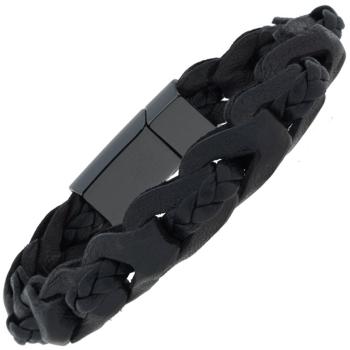 Armband 2-reihig Leder mit Keramik schwarz geflochten 21 cm