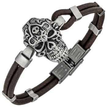 Armband Totenkopf Leder braun und Edelstahl matt 21 cm