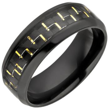 Herren Ring Edelstahl schwarz beschichtet mit Carbon Einlage goldfarben