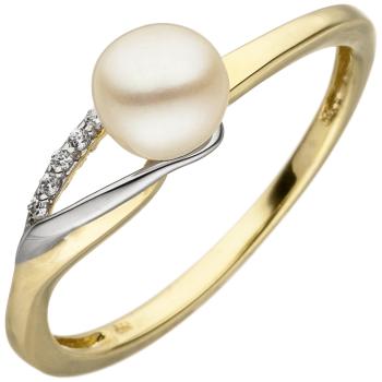 Damen Ring 333 Gelbgold Weißgold bicolor 1 Süßwasser Perle 6 Zirkonia