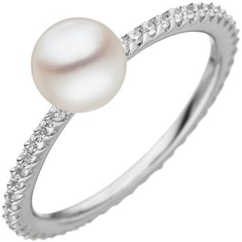 Damen Ring 925 Silber 1 Süßwasser Perle weiß mit Zirkonia rundum Perlenring