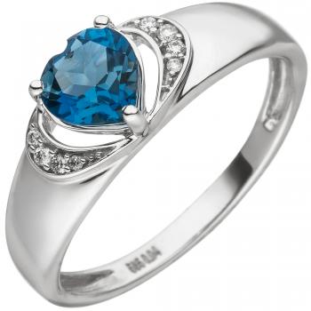 Damen Ring Herz 585 Gold Weißgold 1 Blautopas 8 Diamanten Brillanten