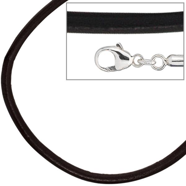 Leder Halskette Kette Schnur schwarz 70 cm, Karabiner 925 Sterling Silber