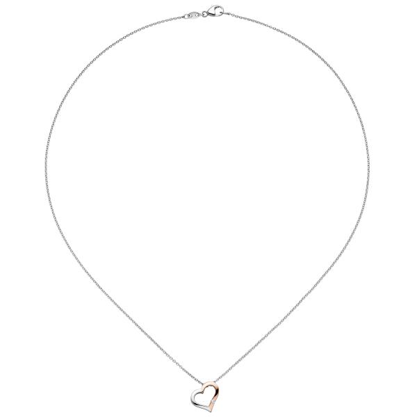 Collier Kette mit Anhänger Herz 585 Gold bicolor 1 Diamant Brillant 42 cm