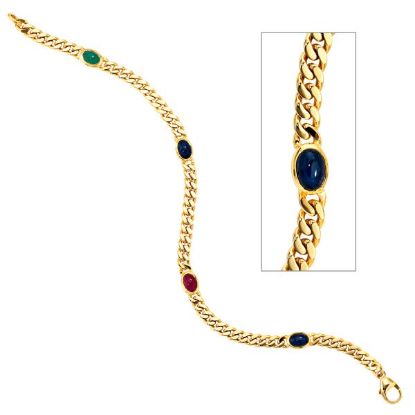 Armband 585 Gold Gelbgold massiv 19 cm Safir Rubin Smaragd Cabochon Goldarmband