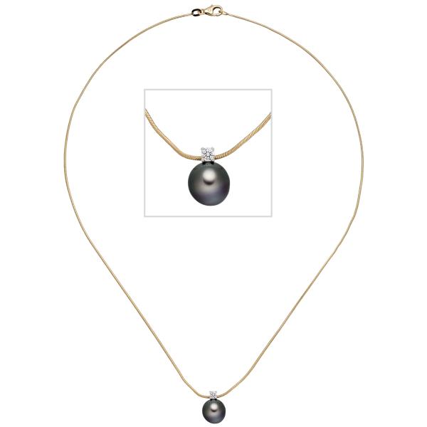 Collier Kette mit Anhänger 585 Gold 1 Tahiti Perle 1 Diamant Brilllant 42 cm