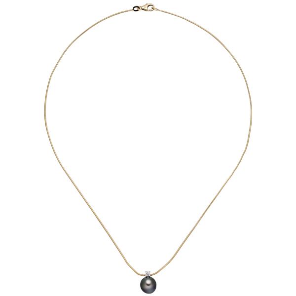 Collier Kette mit Anhänger 585 Gold 1 Tahiti Perle 1 Diamant Brilllant 42 cm