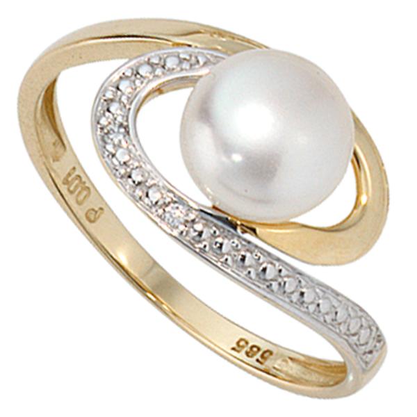 Damen Ring 585 Gold Gelbgold 1 Süßwasser Perle 2 Diamanten Brillanten Perlenring