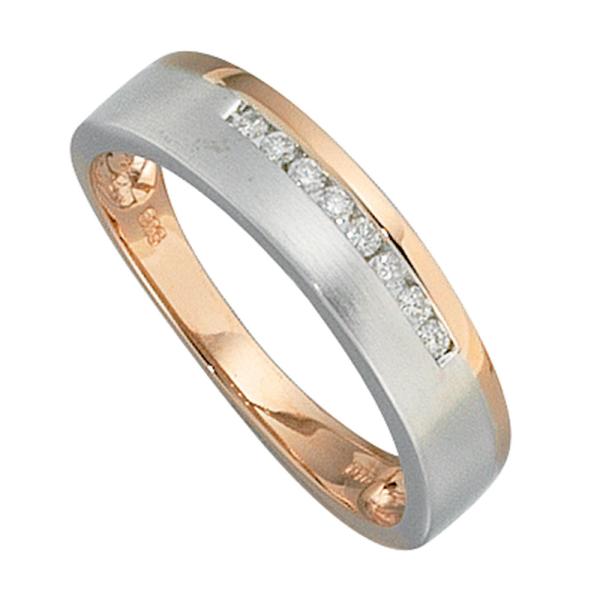 Damen Ring 585 Gold Rotgold Weißgold bicolor teilmatt 8 Diamanten Brillanten