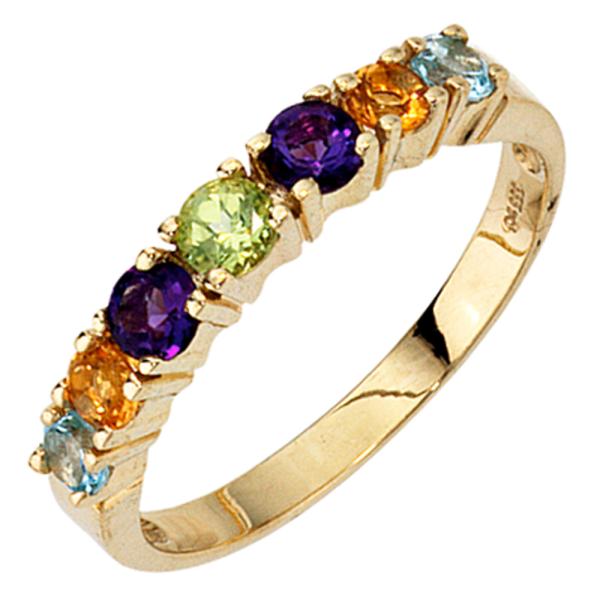 Damen Ring 333 Gold Gelbgold 2 Amethyste 2 Citrine 1 Peridot 2 Blautopase