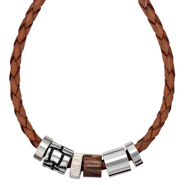 Collier Halskette Leder braun mit Edelstahl und Holz 45 cm Kette Lederkette