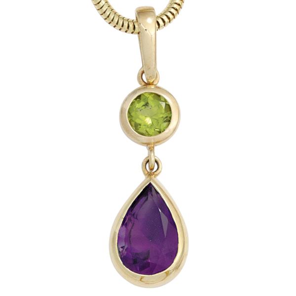 Pendant 585 Gold Yellow Gold 1 Peridot Green 1 Amethyst Violet Gold Pendant