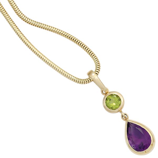 Pendant 585 Gold Yellow Gold 1 Peridot Green 1 Amethyst Violet Gold Pendant