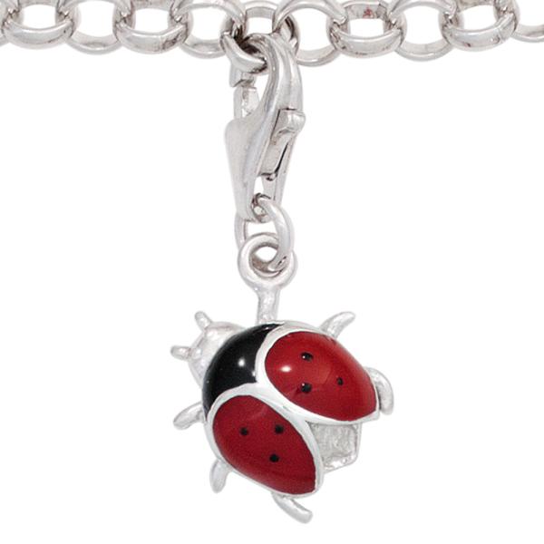 Einhänger Charm Marienkäfer 925 Sterling Silber rhodiniert rot schwarz lackiert