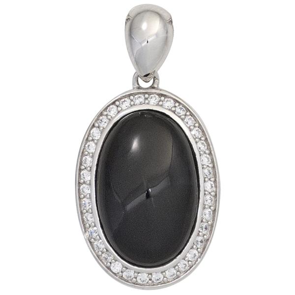 Anhänger oval 925 Sterling Silber mit 1 Onyx Cabochon schwarz und Zirkonia