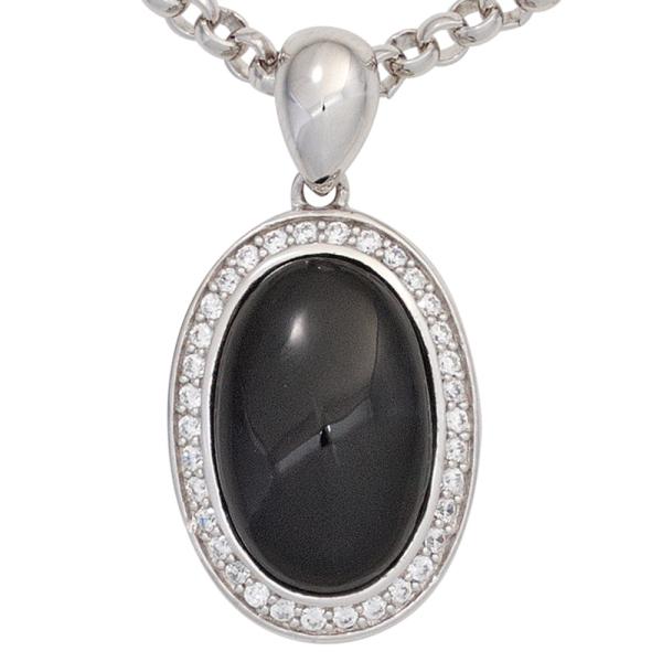 Anhänger oval 925 Sterling Silber mit 1 Onyx Cabochon schwarz und Zirkonia