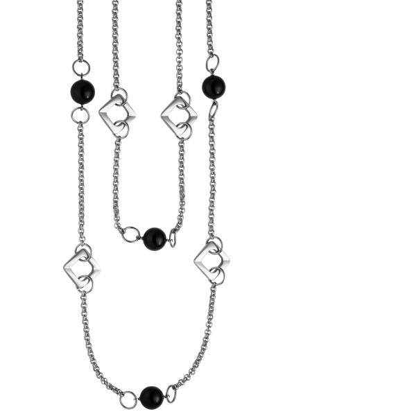 Collier Halskette 2-reihig aus Edelstahl mit schwarzem Achat 55 cm Kette