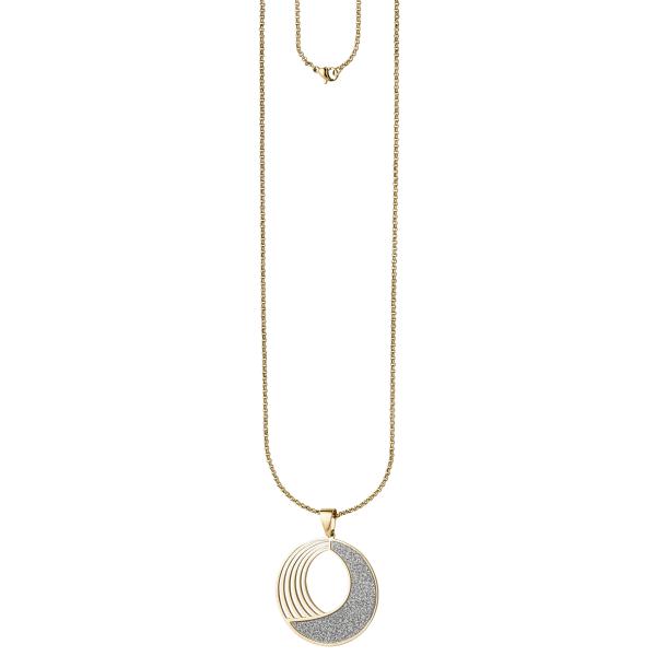 Collier Kette mit Anhänger rund Edelstahl gold farben mit Glitzer-Effekt 80 cm