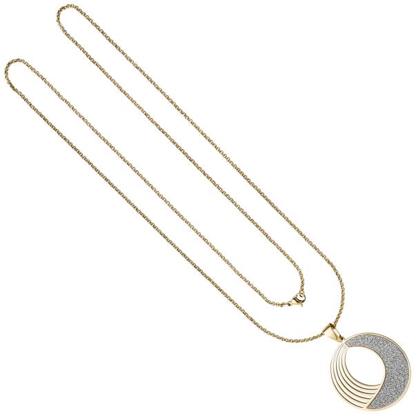 Collier Kette mit Anhänger rund Edelstahl gold farben mit Glitzer-Effekt 80 cm