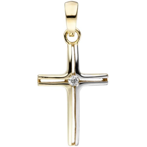 Anhänger Kreuz schmal 375 Gold Gelbgold bicolor 1 Zirkonia Kreuzanhänger