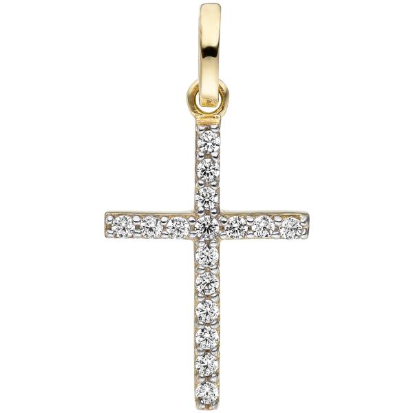 Anhänger Kreuz schmal 375 Gold Gelbgold 16 Zirkonia Kreuzanhänger Goldkreuz