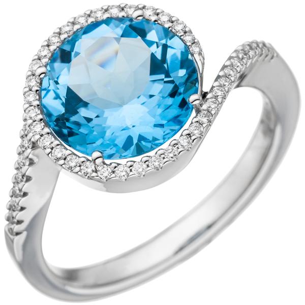 Damen Ring 585 Weißgold 1 Blautopas hellblau blau 47 Diamanten Brillanten