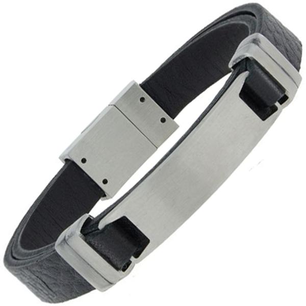 Armband mit Gravurplatte Leder schwarz und Edelstahl matt 19 cm