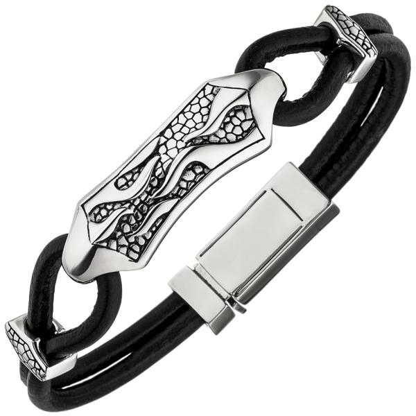 Armband Leder mit Edelstahl schwarz 21 cm