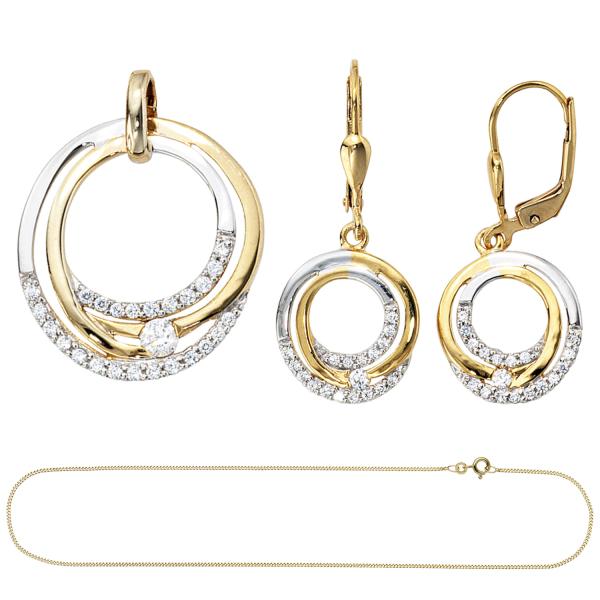 Schmuck-Set 333 Gold Gelbgold bicolor mit Zirkonia Ohrringe und Kette 45 cm