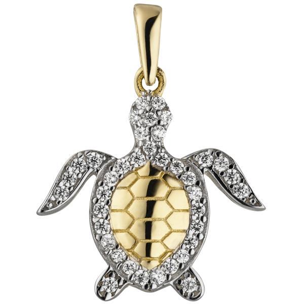 Anhänger Schildkröte 333 Gold Gelbgold bicolor 38 Zirkonia Goldanhänger